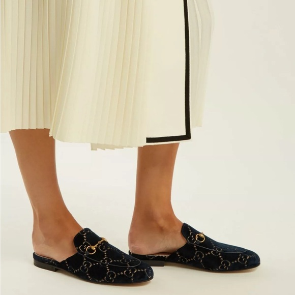 Gucci | Blue Gold GG Monogram Velvet Princetown Horsebit Slip On Mules 7.5/37.5 - Picture 1 of 11